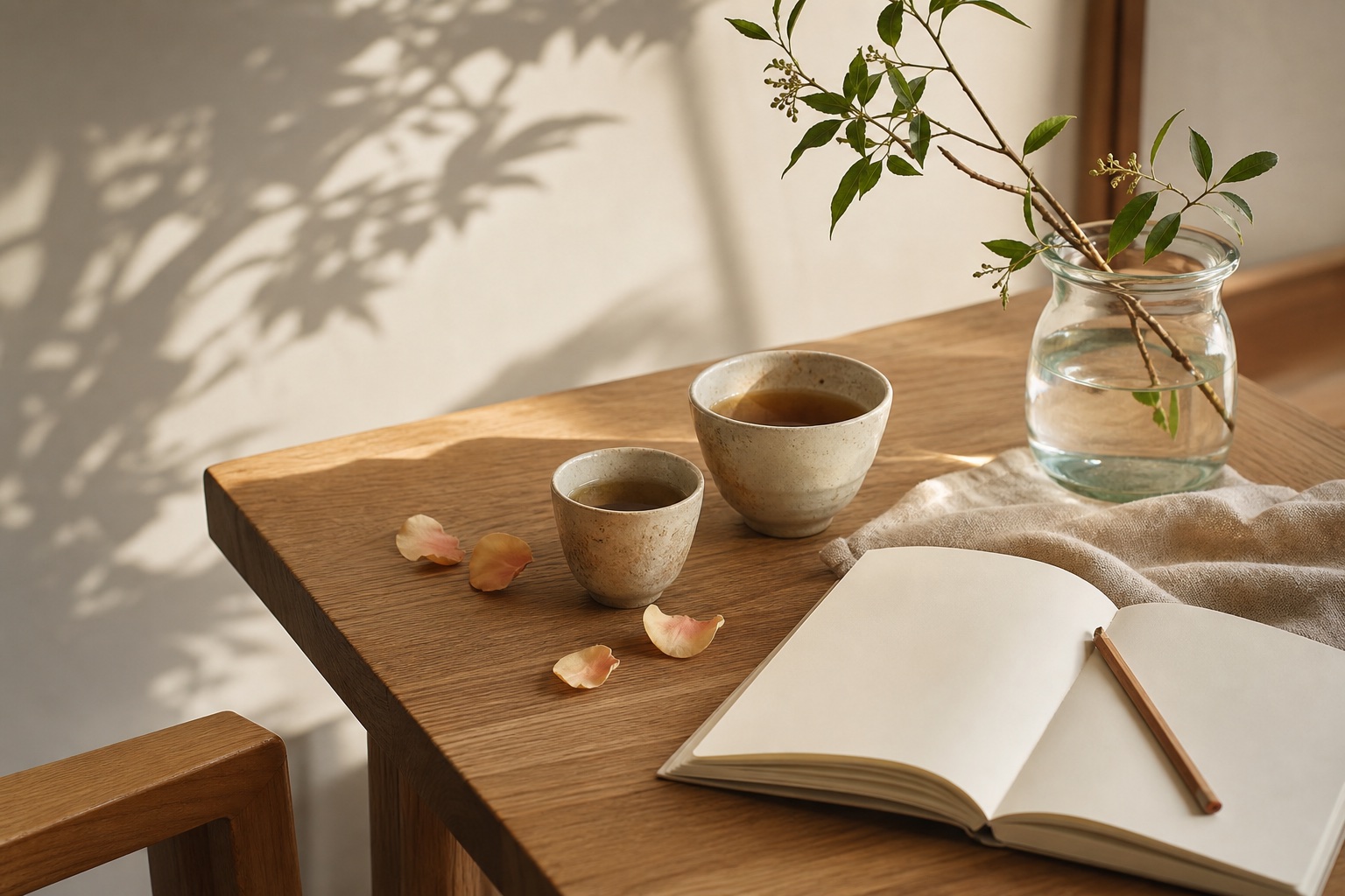 朝の光が差す食卓に、二つの茶器とノート、緑の枝が置かれている