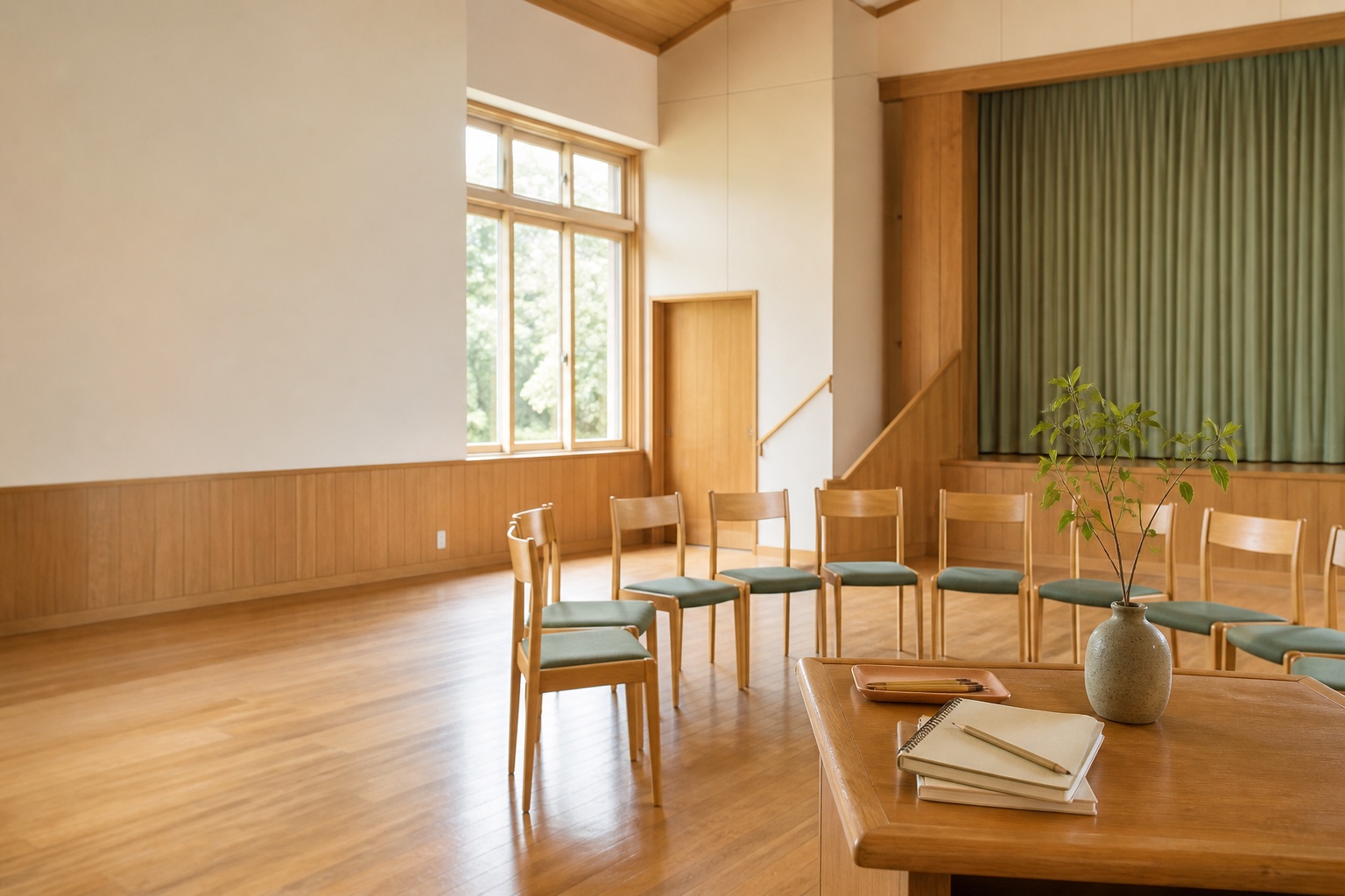 地域の学びの場に、円形に椅子とノートが用意されている