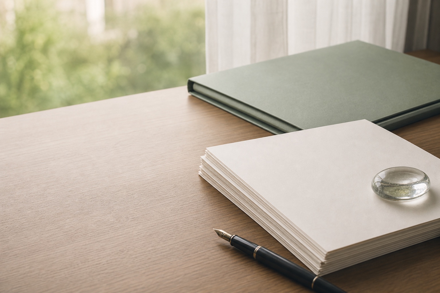 窓辺の机に、書類とファイル、万年筆が整えられている