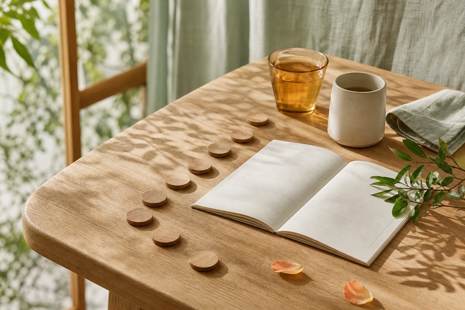 朝の光が差す食卓に、ノート、茶器、木の小さな目印が道のように並んでいる